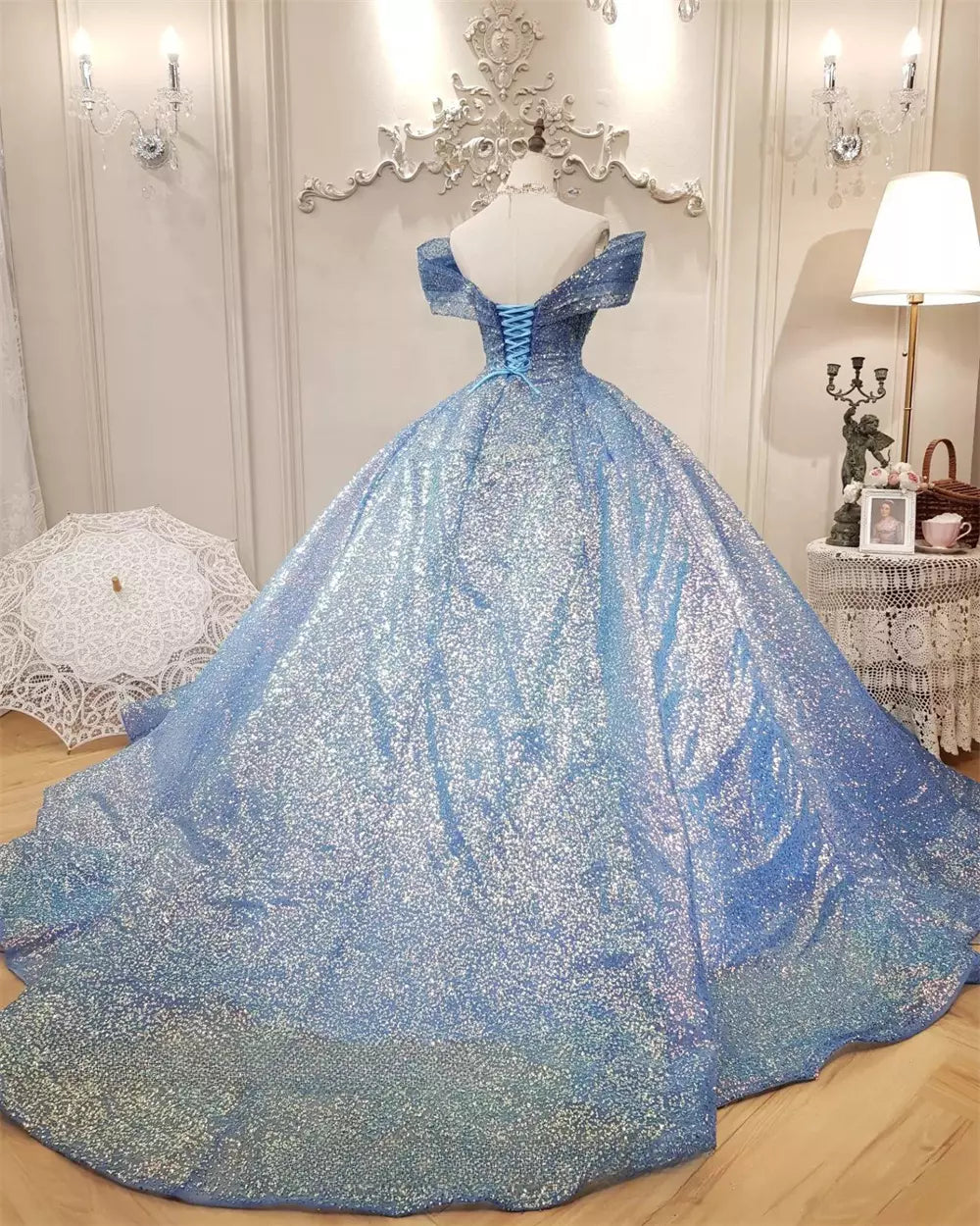 Blue Ball Gown Off-the-shoulder Sequins Quinceanera Dresses DP903