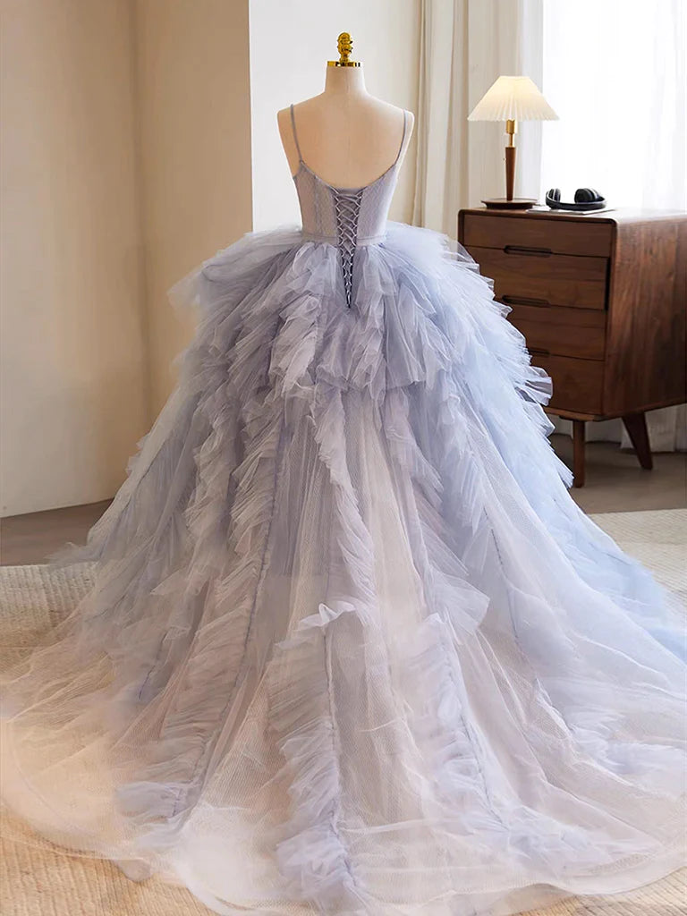 Purple Line Spaghetti Strap Layered Tulle Prom Dress Evening Dress DP944
