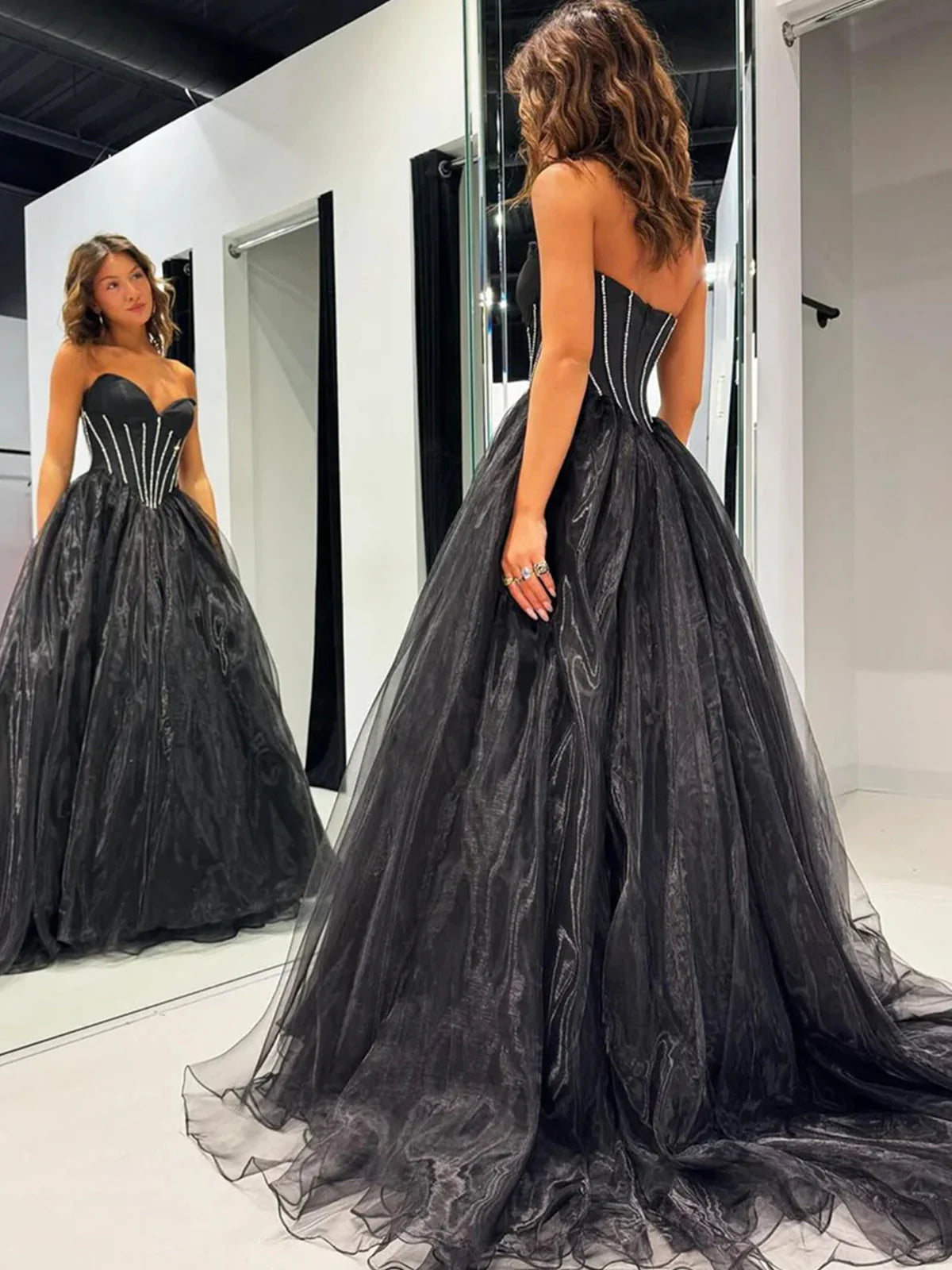 Strapless Sweetheart Neck Black Tulle Long Prom Dresses Evening Dresses DP1078