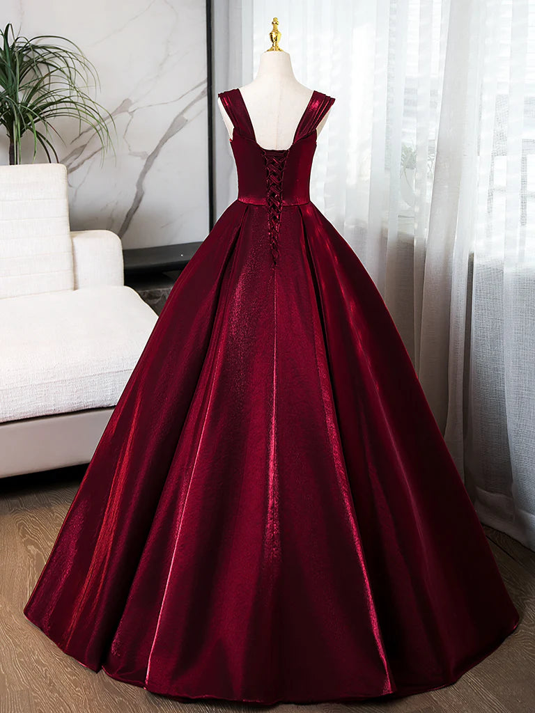 A Line Off-the-shoulder Satin Burgundy Long Prom Dress Evening Dress with Beads DP1045
