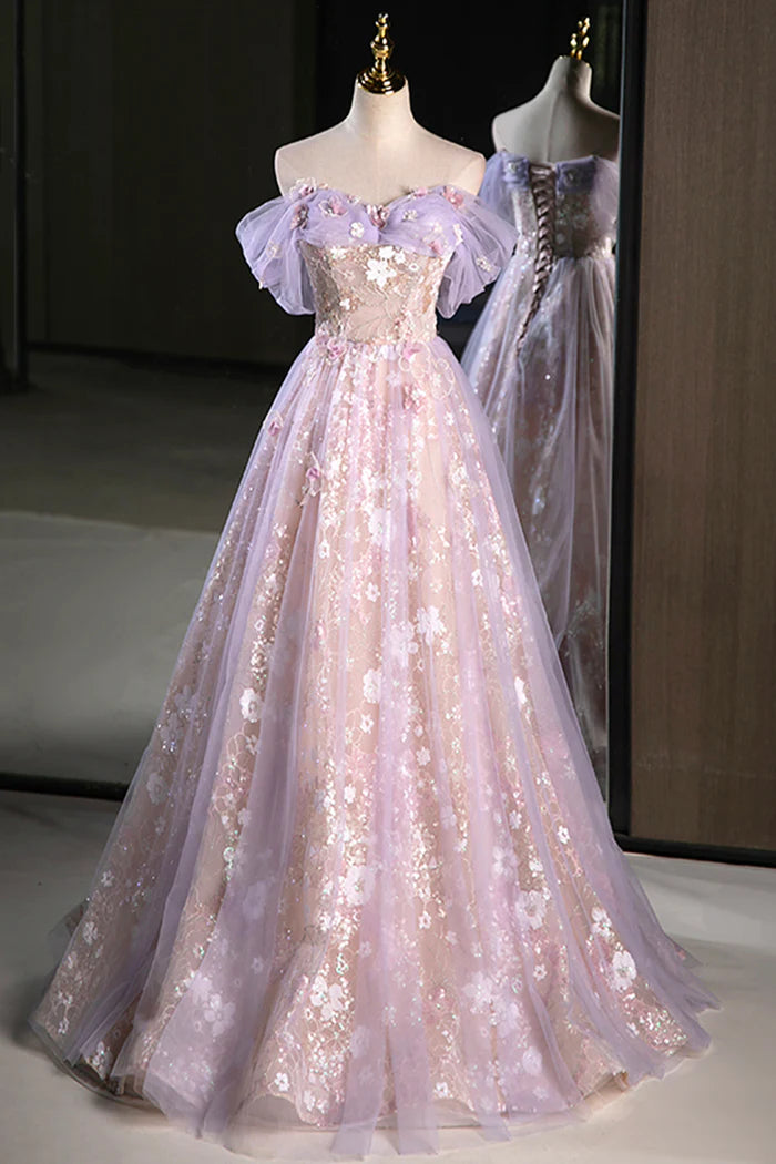 Lovely A Line Off the Shoulder Sequins Tulle Corset Floor Length Evening Dress Party Dress DP2287