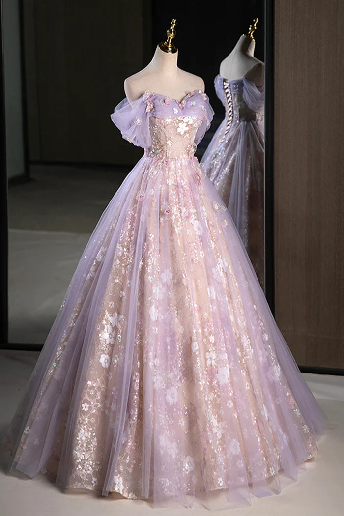 Lovely A Line Off the Shoulder Sequins Tulle Corset Floor Length Evening Dress Party Dress DP2287