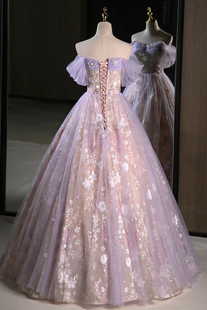 Lovely A Line Off the Shoulder Sequins Tulle Corset Floor Length Evening Dress Party Dress DP2287