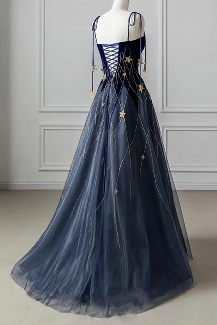 Blue A Line Spaghetti Strap Star Velvet Tulle Evening Dress Party Dress DP2289