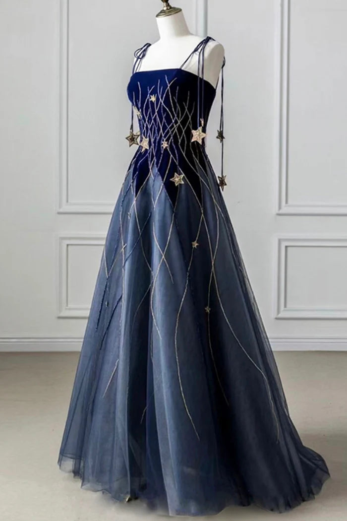 Blue A Line Spaghetti Strap Star Velvet Tulle Evening Dress Party Dress DP2289