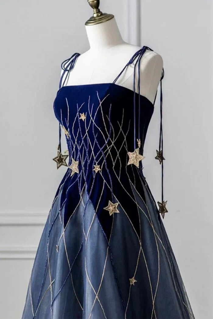 Blue A Line Spaghetti Strap Star Velvet Tulle Evening Dress Party Dress DP2289