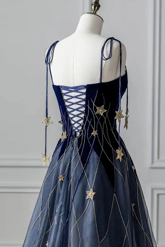 Blue A Line Spaghetti Strap Star Velvet Tulle Evening Dress Party Dress DP2289