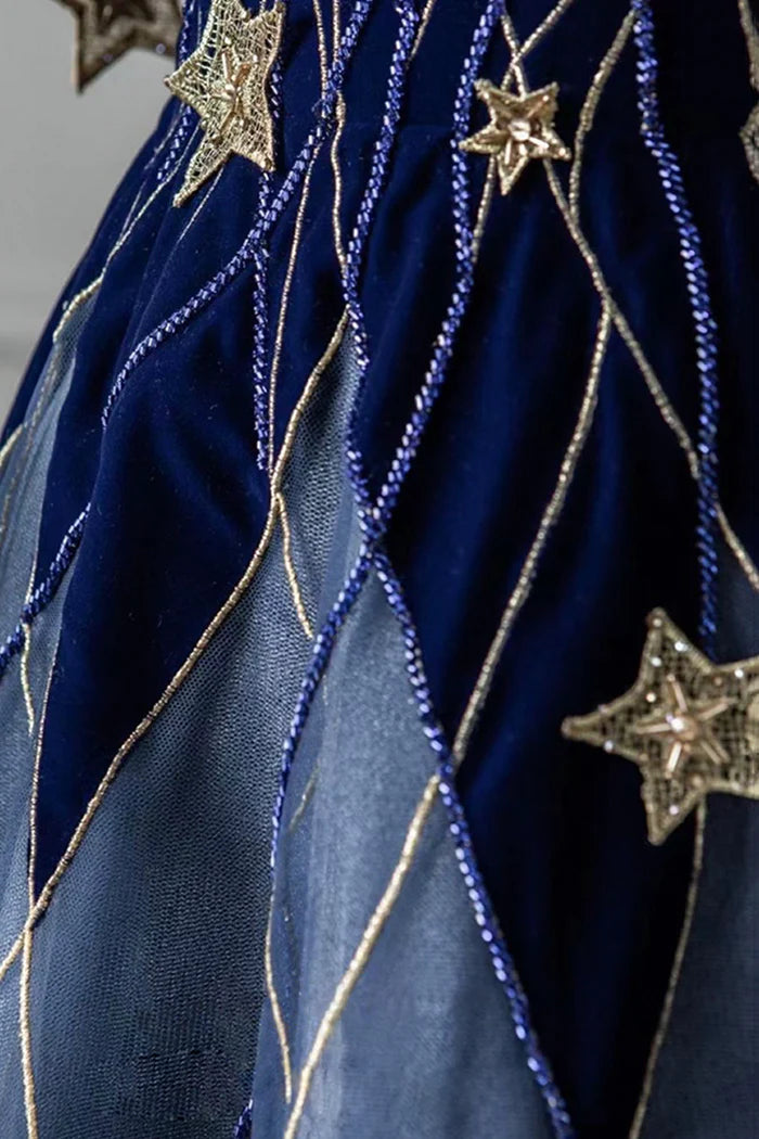 Blue A Line Spaghetti Strap Star Velvet Tulle Evening Dress Party Dress DP2289