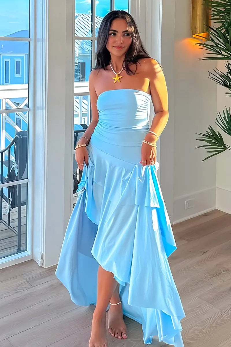 Simple Blue A Line Strapless Satin Evening Dress Prom Dress with Slit DP7672