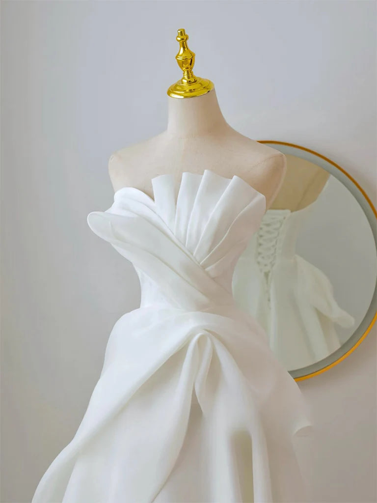 Elegant A Line Strapless White Organza Long Prom Dress Formal Dress DP1178