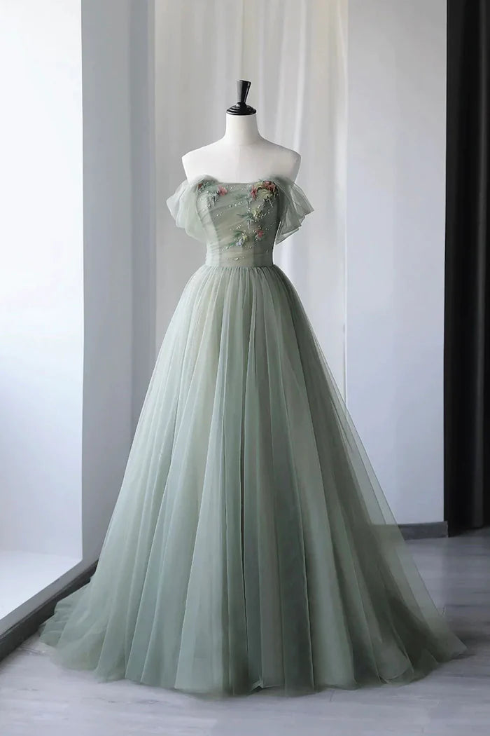 Lovely A Line Off the Shoulder Beaded Gray Green Tulle Evening Dress Party Dress DP2290