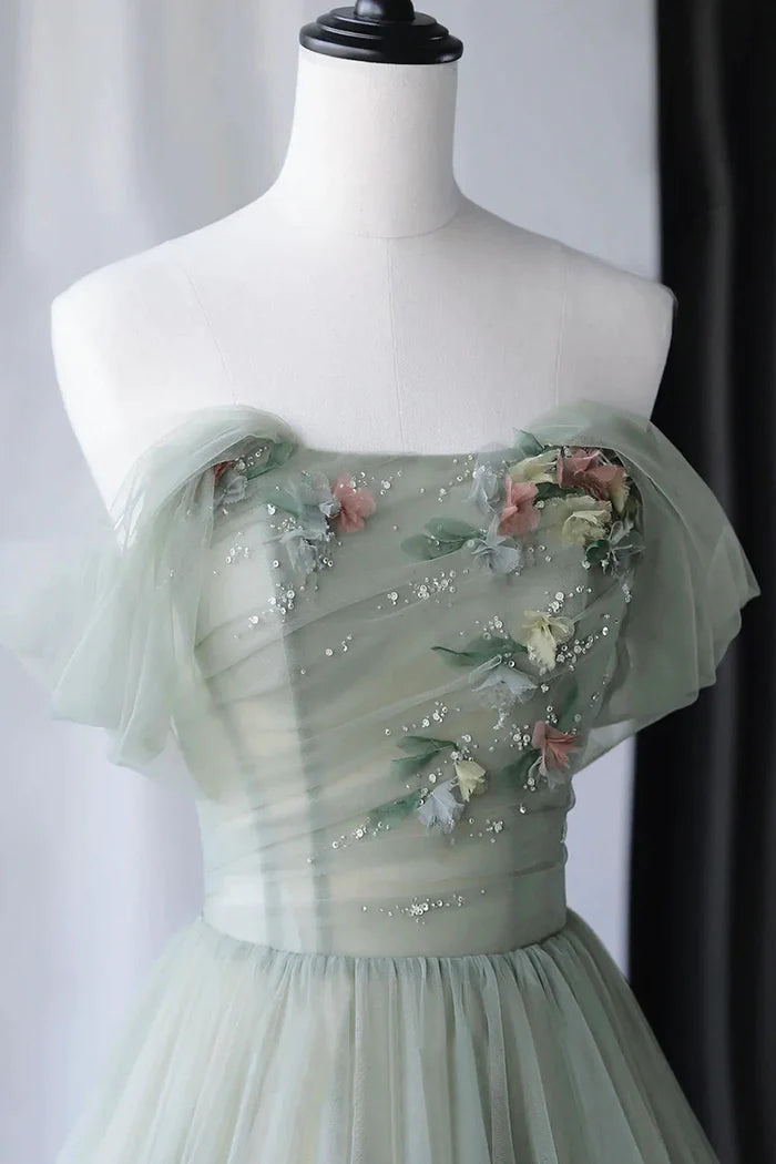 Lovely A Line Off the Shoulder Beaded Gray Green Tulle Evening Dress Party Dress DP2290