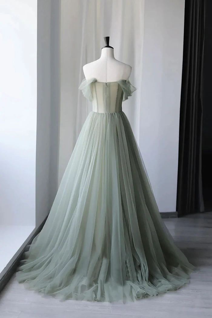 Lovely A Line Off the Shoulder Beaded Gray Green Tulle Evening Dress Party Dress DP2290