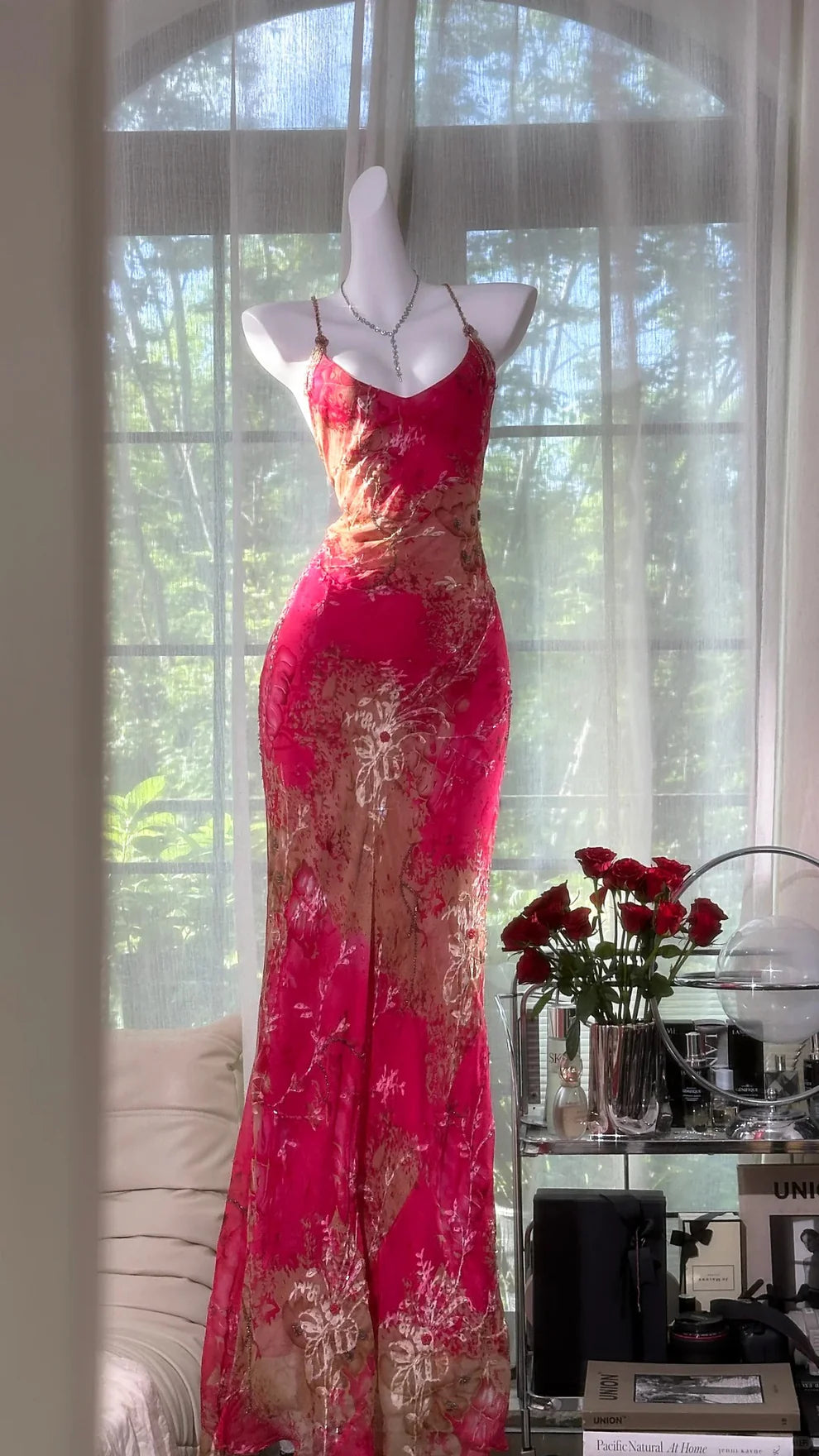 Sexy Mermaid Spaghetti Strap Pink Print Floral Chiffon Prom Dress Wedding Guest Dress DP3805