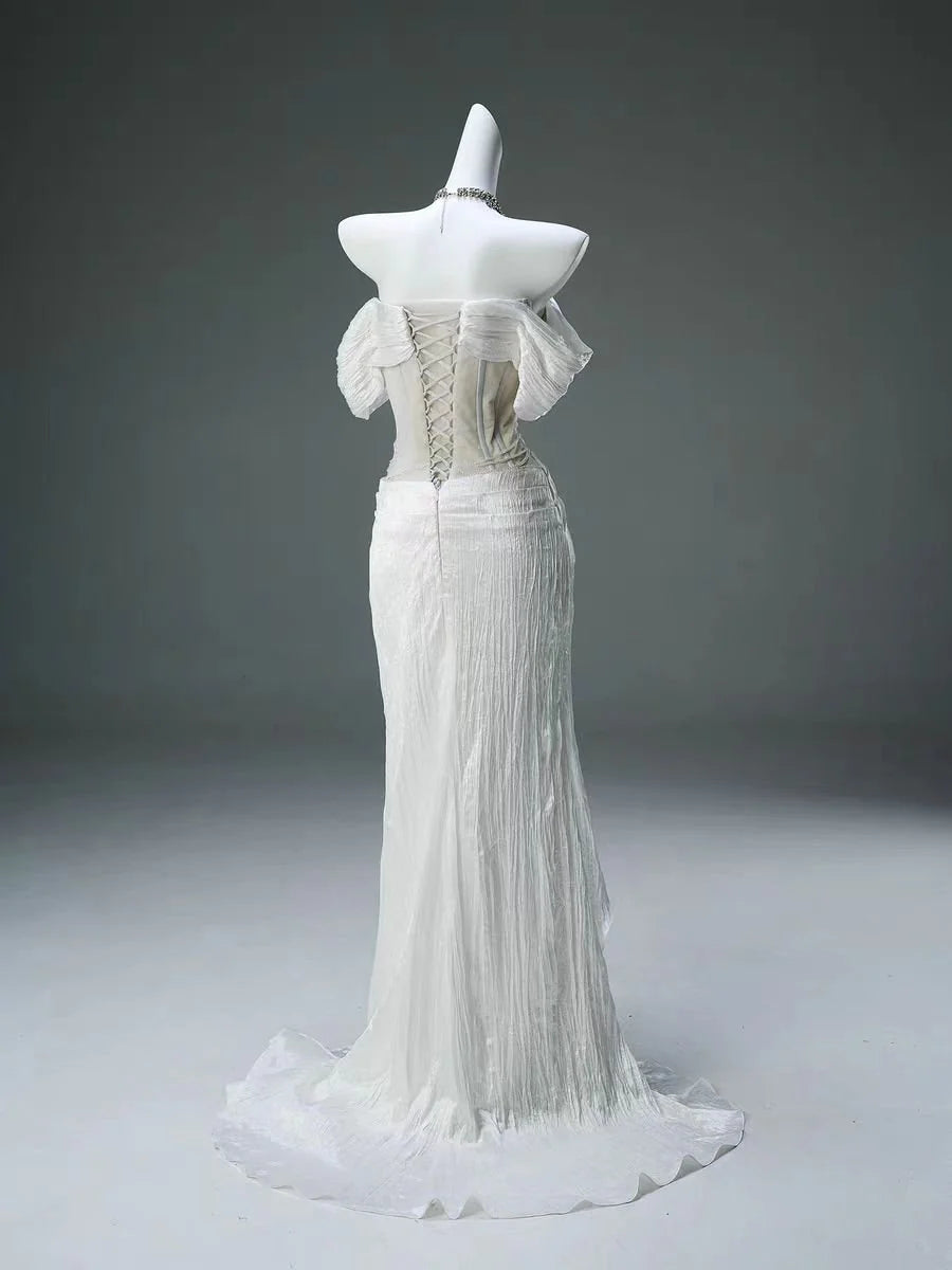 Luxurious Mermaid Off the Shoulder Pearls Ivory Satin Long Prom Dress Evening Dress DP1353
