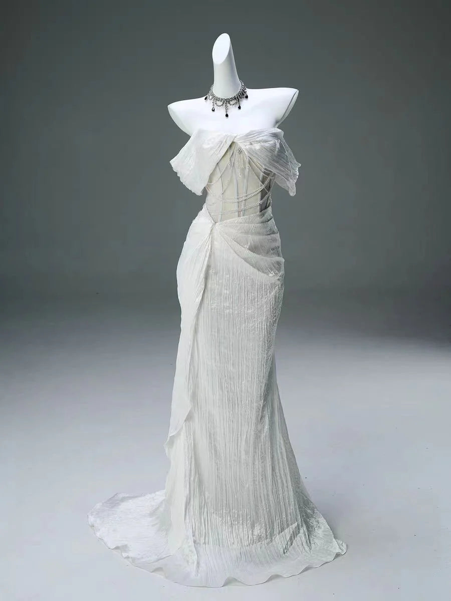 Luxurious Mermaid Off the Shoulder Pearls Ivory Satin Long Prom Dress Evening Dress DP1353