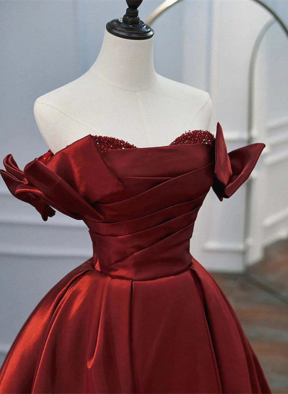 A Line Off Shoulder Bow Beaded Satin Party Dress Prom Dress DP980