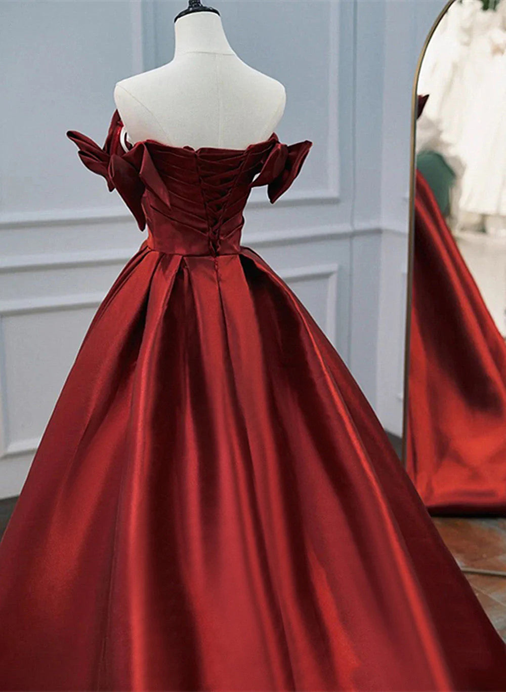 A Line Off Shoulder Bow Beaded Satin Party Dress Prom Dress DP980