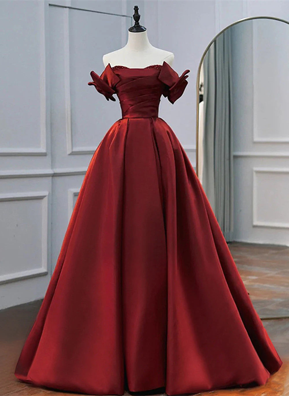 A Line Off Shoulder Bow Beaded Satin Party Dress Prom Dress DP980