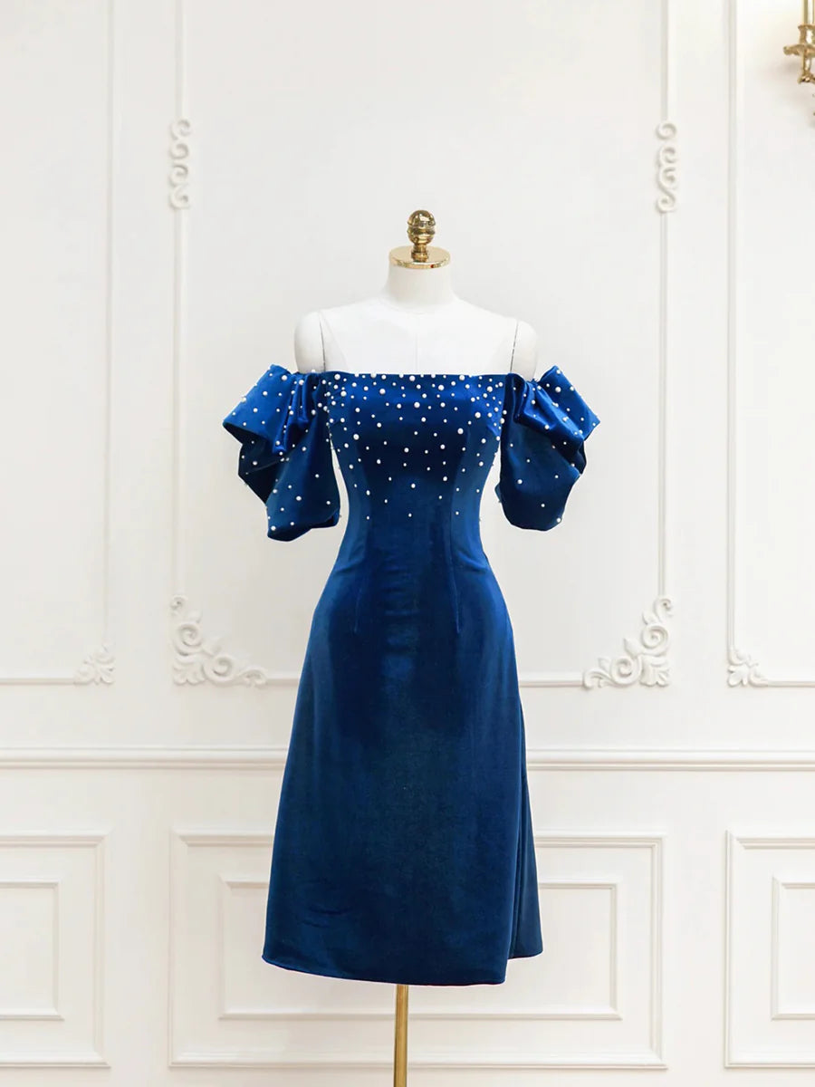 A Line Blue Velvet Short Prom Dress with Pearls Evening Party Dress DP1106