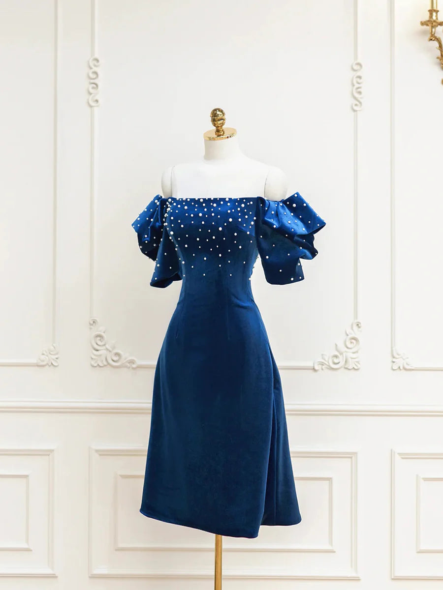 A Line Blue Velvet Short Prom Dress with Pearls Evening Party Dress DP1106