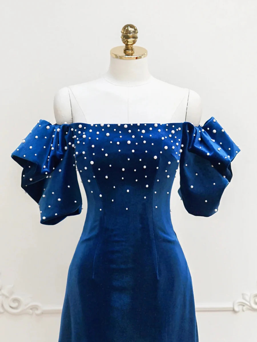 A Line Blue Velvet Short Prom Dress with Pearls Evening Party Dress DP1106