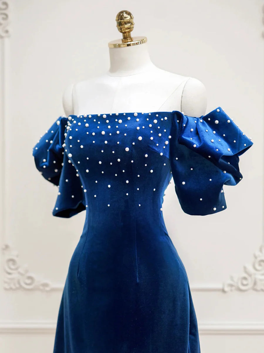 A Line Blue Velvet Short Prom Dress with Pearls Evening Party Dress DP1106