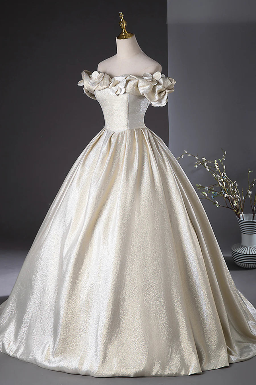 Elegant Off the Shoulder Champagne Long Prom Dresses Formal Dresses DP1108