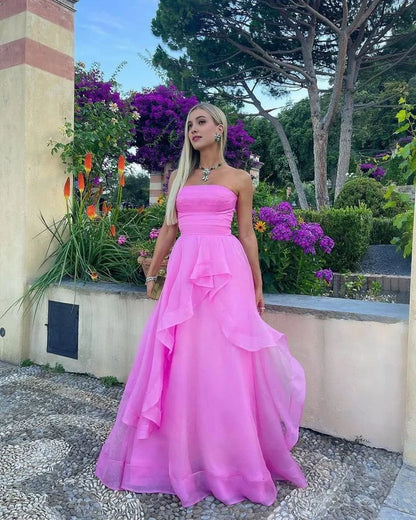 Hot Pink A Line Strapless Tulle Long Prom Dress Evening Dress DP1674