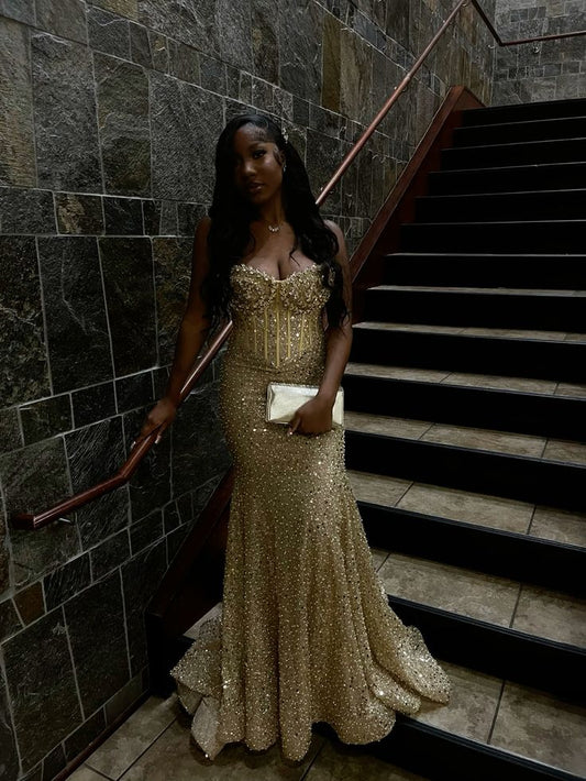 Gold Stunning Mermaid Spaghetti Strap Beaded Sequin Evening Dress Party Dress DP3190