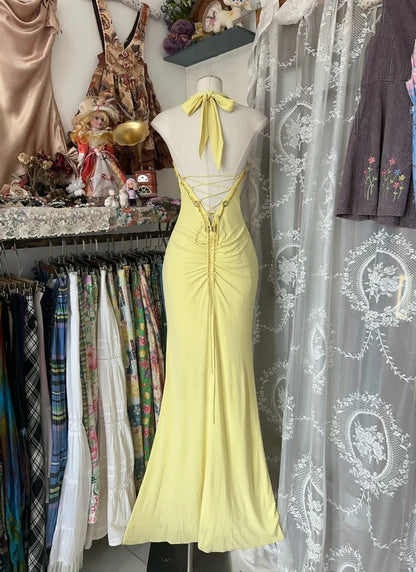 Vintage Mermaid Halter Beaded Yellow Chiffon Prom Dress Graduation Prom Dress DP2197