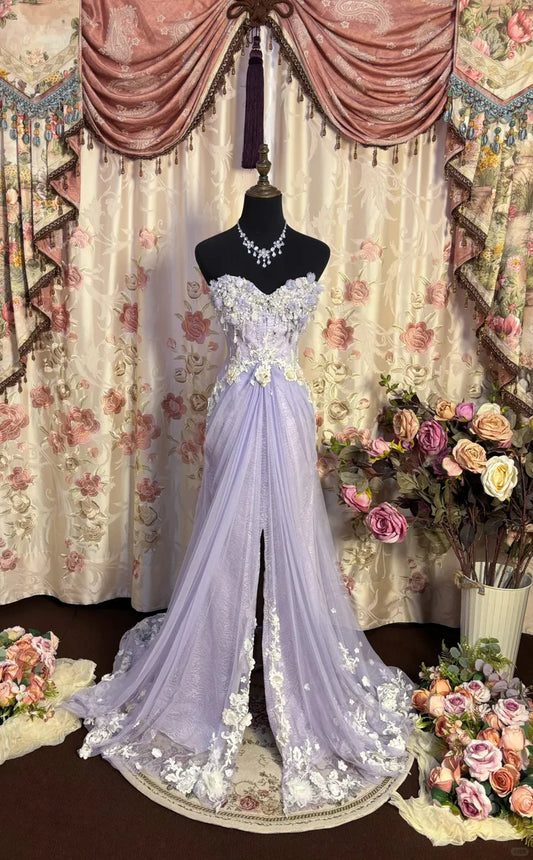 Gentle Purple Mermaid Sweetheart Neck Floral Tulle Prom Dress Party Dress with Slit DP3182