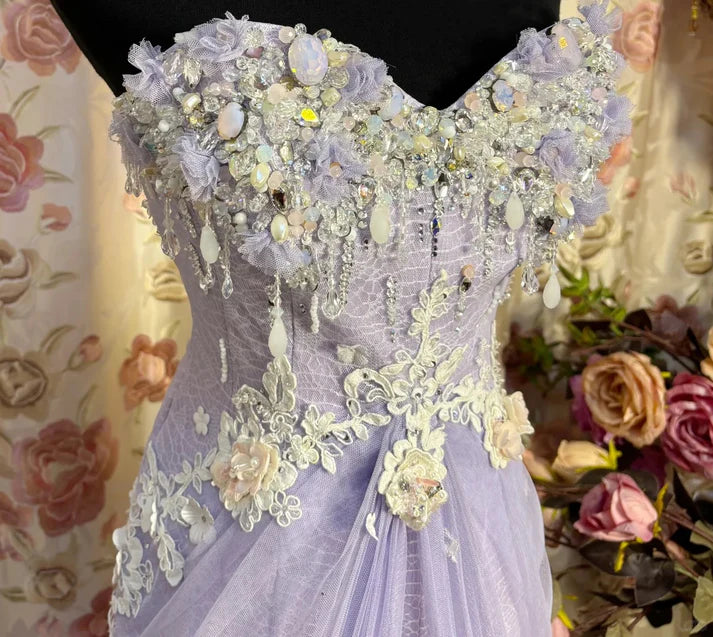 Gentle Purple Mermaid Sweetheart Neck Floral Tulle Prom Dress Party Dress with Slit DP3182
