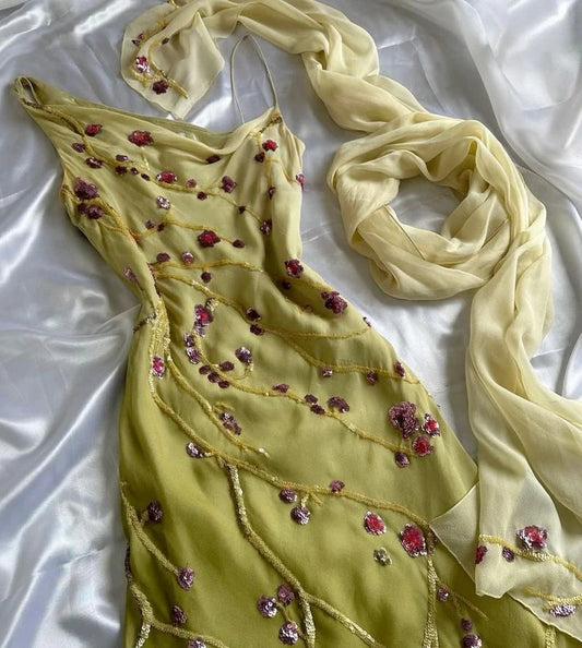 Vintage A Line Straps Floral Sequins Chiffon Long Prom Dress Evening Dress DP1192