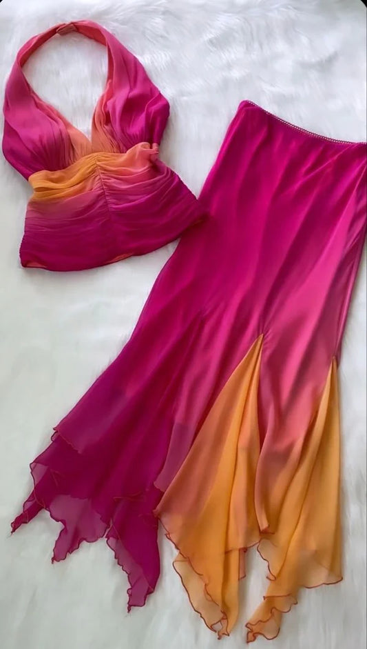 Two Piece Mermaid Halter Chiffon Long Prom Dresses Evening Dresses DP1185