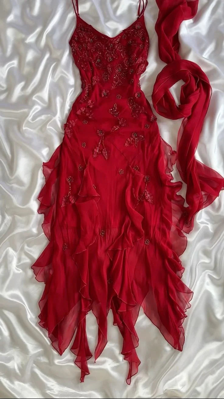 Vintage Red A Line Spaghetti Straps Beads Ruffle Chiffon Prom Dress Evening Dress DP1429