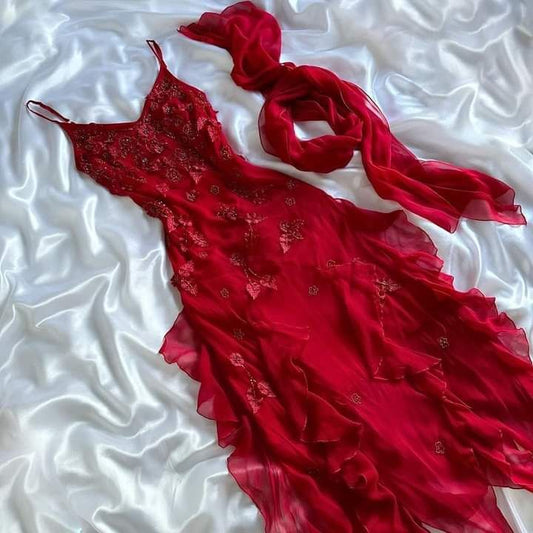 Vintage Red A Line Spaghetti Straps Beads Ruffle Chiffon Prom Dress Evening Dress DP1429