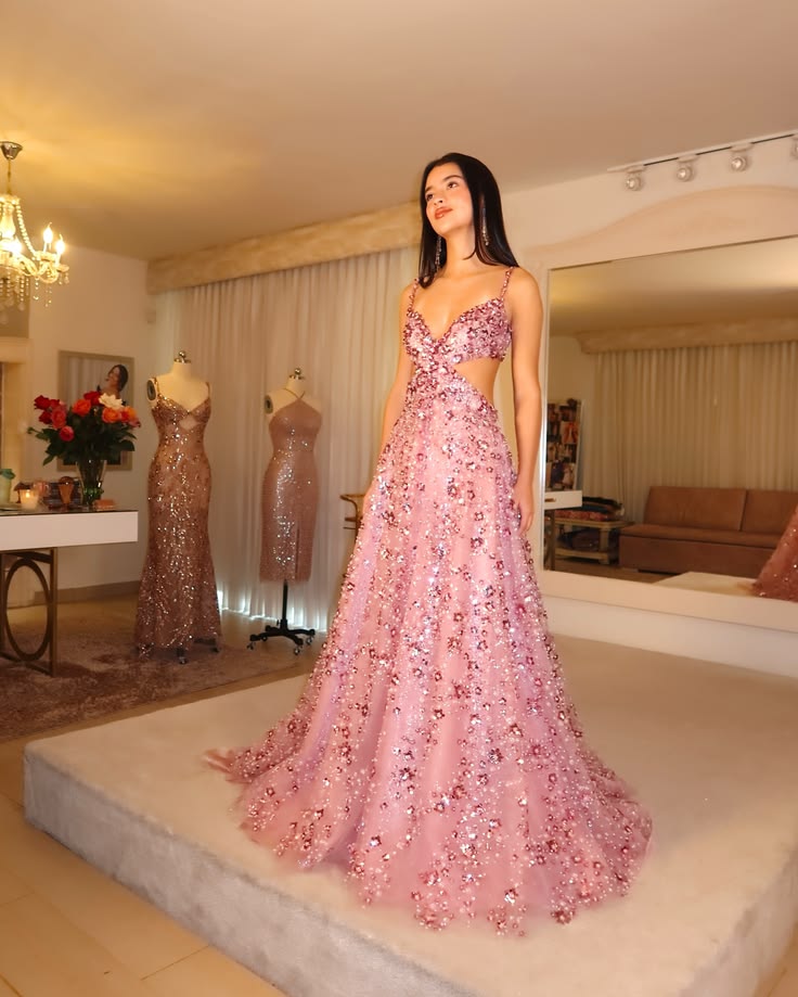 Luxurious A Line Spaghetti Strap Exquisite Pink 3D Floral Sequin Tulle Prom Dress DP8128
