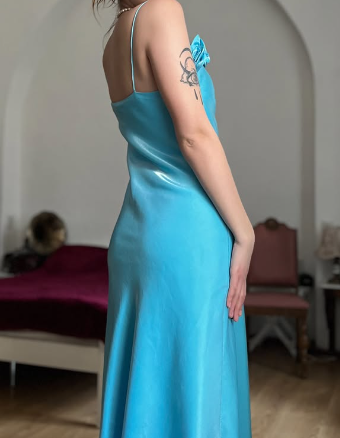 Dazzling Blue A Line Straps Floral Satin Prom Dress Evening Dress Date Dress DP5710