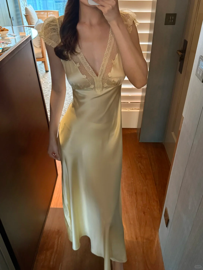 Classic Simple Light Yellow Lace Satin Prom Dress Evening Dress DP5171