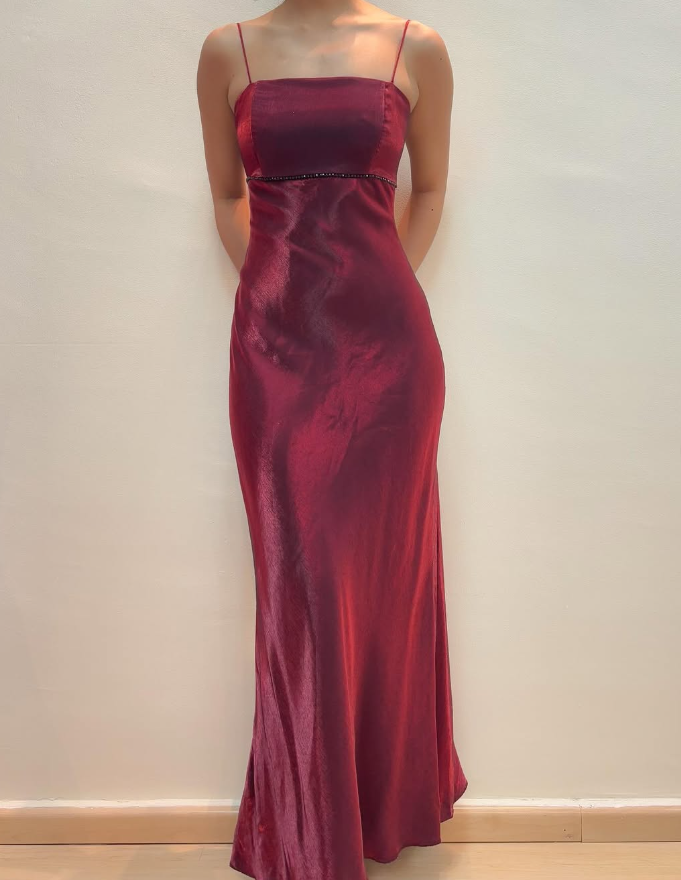 Simple Vintage Sheath Spaghetti Strap Beaded Burgundy Prom Dress Evening Dress DP1800