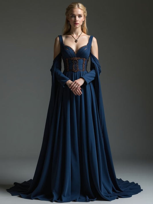 Classic Dark Blueprint A Line Long Sleeve Appliques Satin Prom Dress Evening Dress DP3150