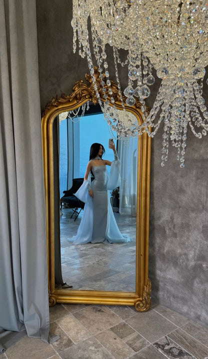 Baby Blue Sheath Spaghetti Strap Organza Satin Prom Dress Party Dress DP4203