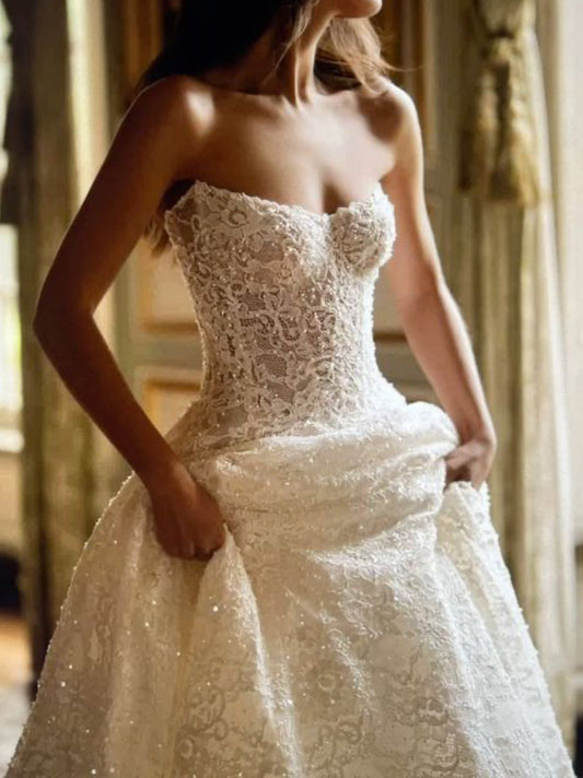 Sweety A Line Strapless Beaded Exquisite Lace Long Wedding Dress DP7814
