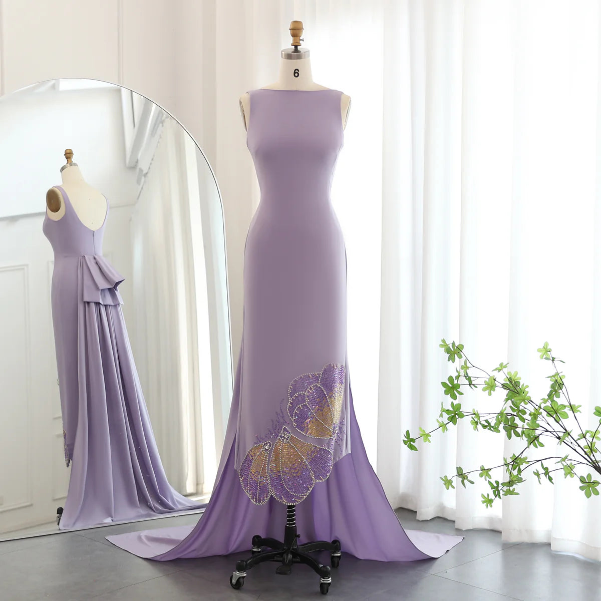 Elegant Coral Pink Butterfly Beaded Satin Evening Dress Prom Dress DP955