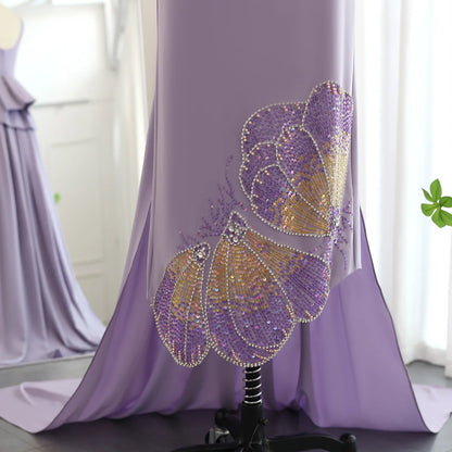 Elegant Coral Pink Butterfly Beaded Satin Evening Dress Prom Dress DP955