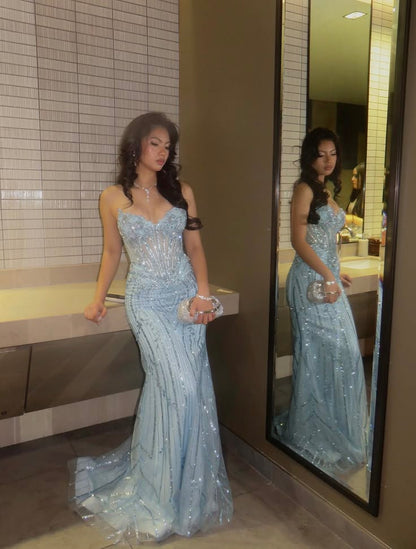 Dreamy Baby Blue Mermaid Sweetheart Neck Sequin Tulle Prom Dress Evening Dress DP7175