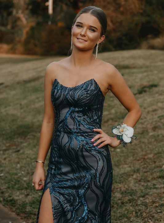 Sexy Sheath Strapless Sequins Satin Long Prom Dress Evening Dress with Slit DP1485