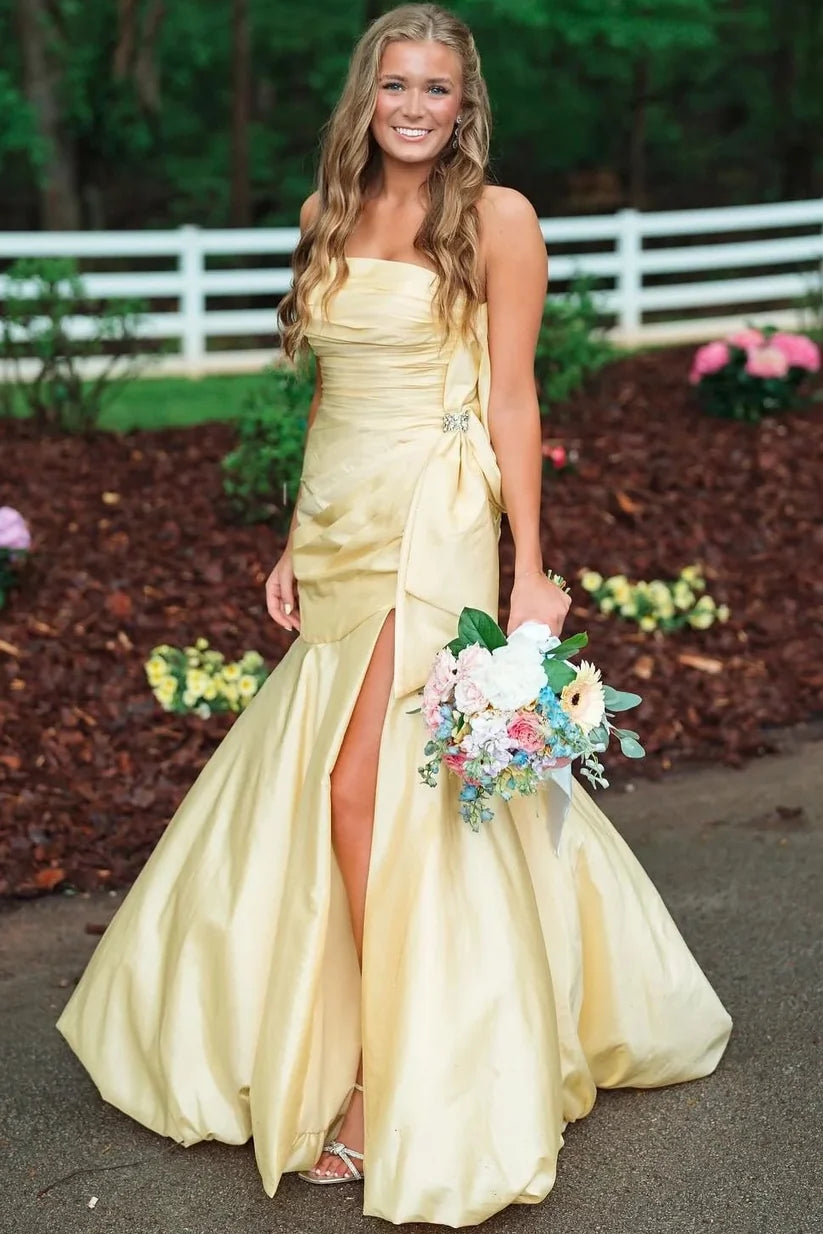 Tube Top Off-Shoulder Sleeveless Satin Pleated Trumpet Mermaid Formal Prom Dress with Slit DP7622