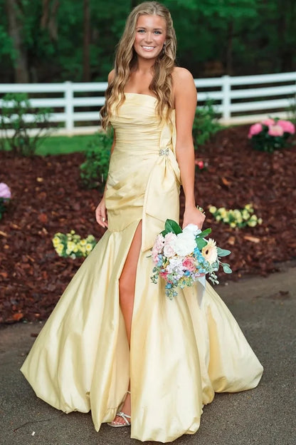 Tube Top Off-Shoulder Sleeveless Satin Pleated Trumpet Mermaid Formal Prom Dress with Slit DP7622